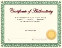 Certificate of Authenticity for Steve Dunn Limited Edition Prints